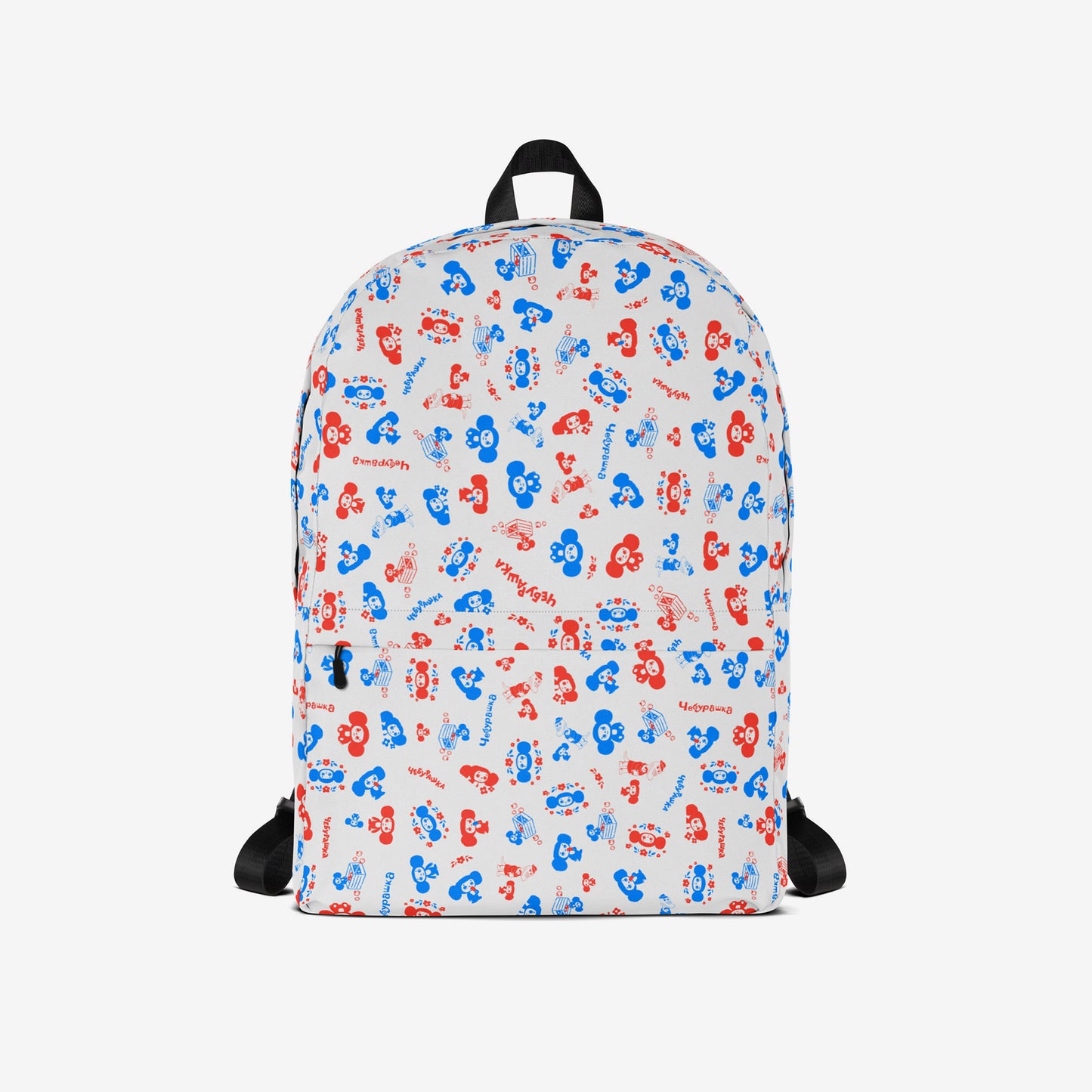 A white backpack with a front pocket, featuring all over print pattern of the Soviet cartoon character Cheburashka in blue and red. Front side.