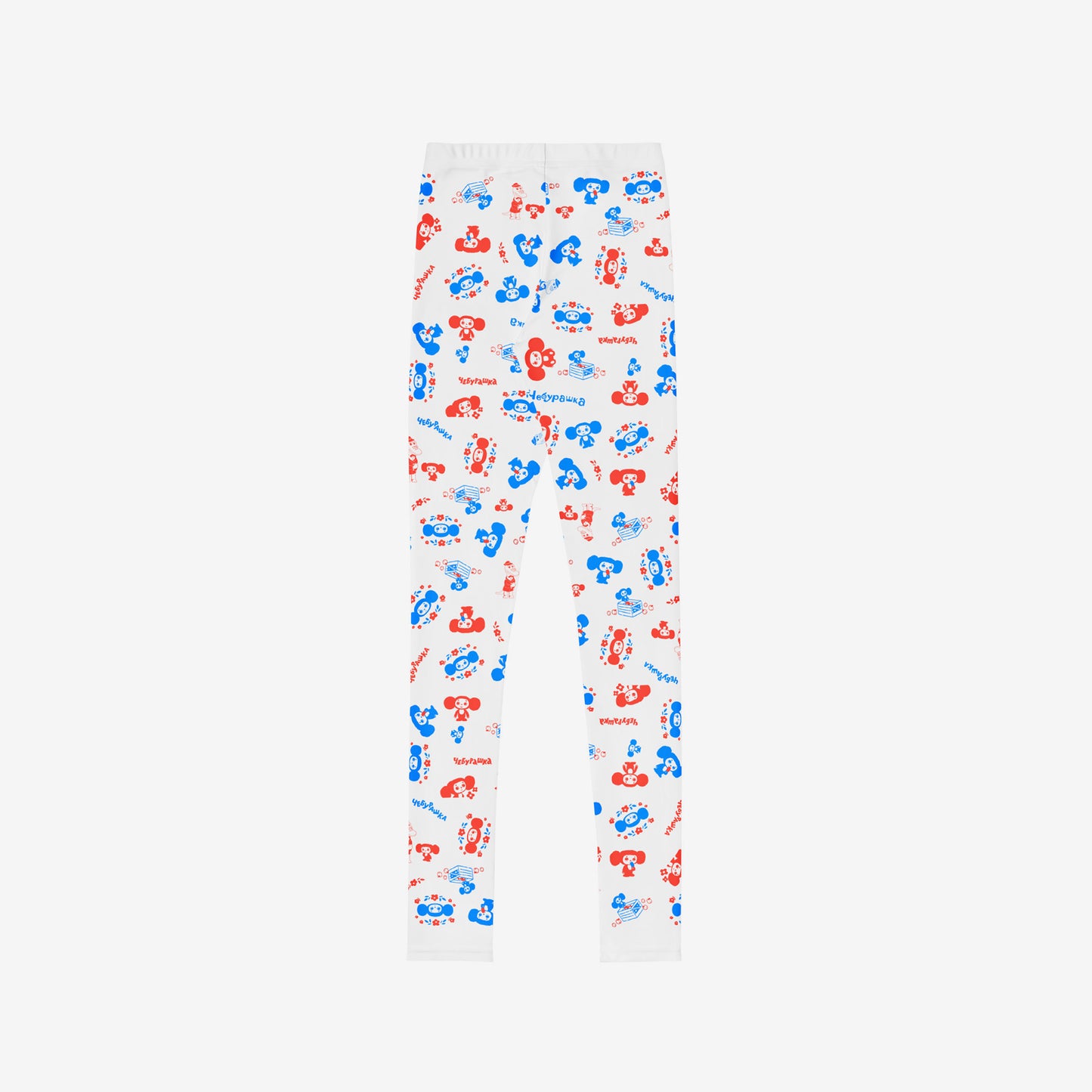 Original Soviet cartoon character all-over pattern white youth leggings. Back side.