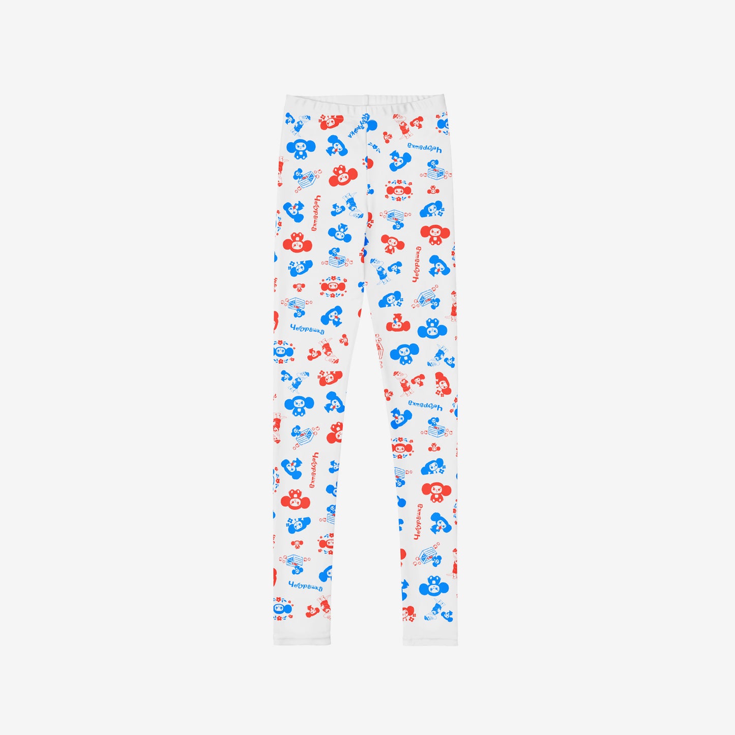 Original Soviet cartoon character all-over pattern white youth leggings. Front side.