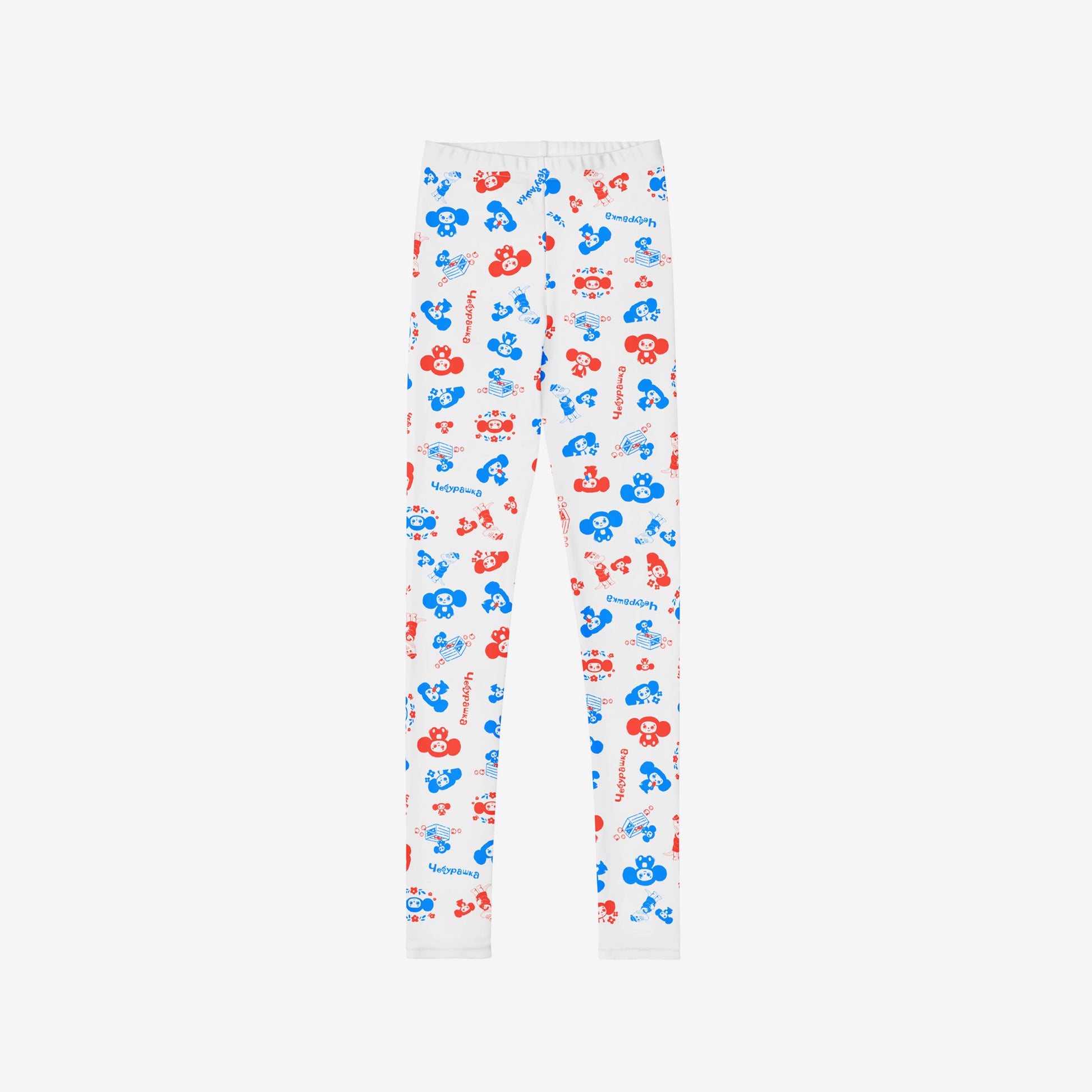 Original Soviet cartoon character all-over pattern white youth leggings. Front side.