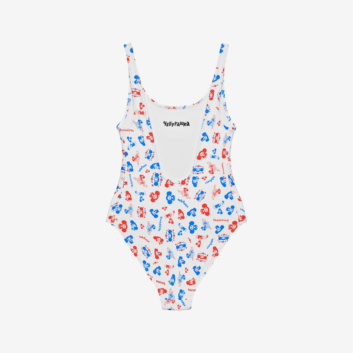 Cheburashka pattern one-piece swimsuit. Back side with Чебурашка logo seen on the inside.