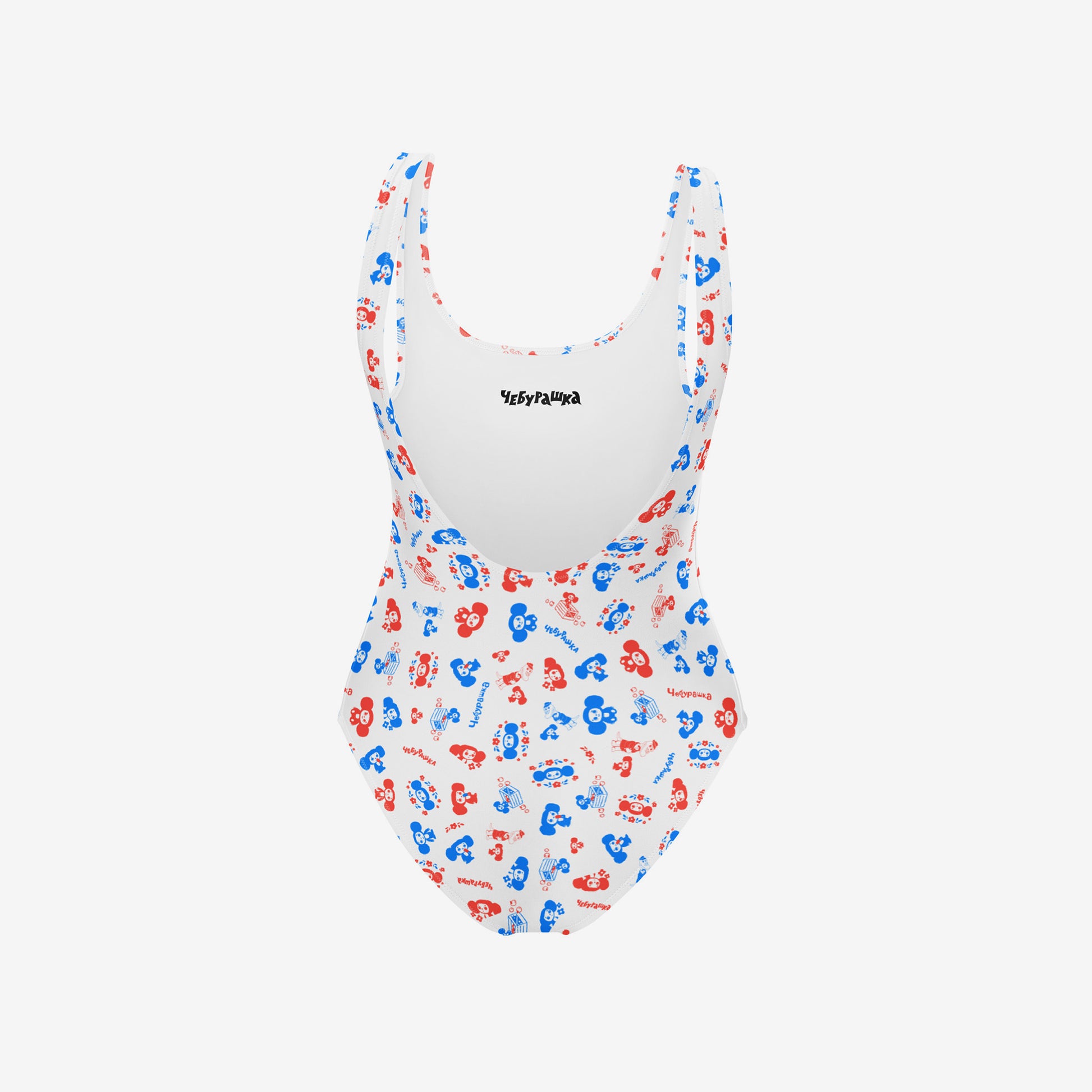 Cheburashka pattern one-piece swimsuit. Back side with Чебурашка logo seen on the inside. 3D view.