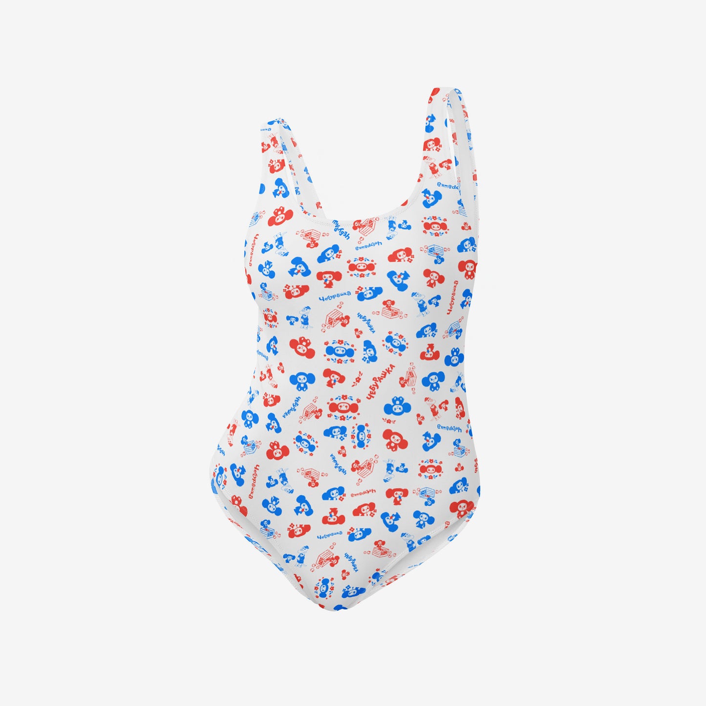 Cheburashka pattern one-piece swimsuit. Front. 3D view.
