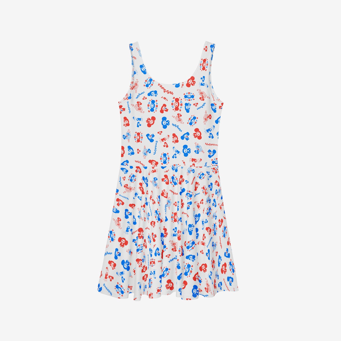 White skater all over print dress with original Soviet cartoon character Cheburashka. Back side.