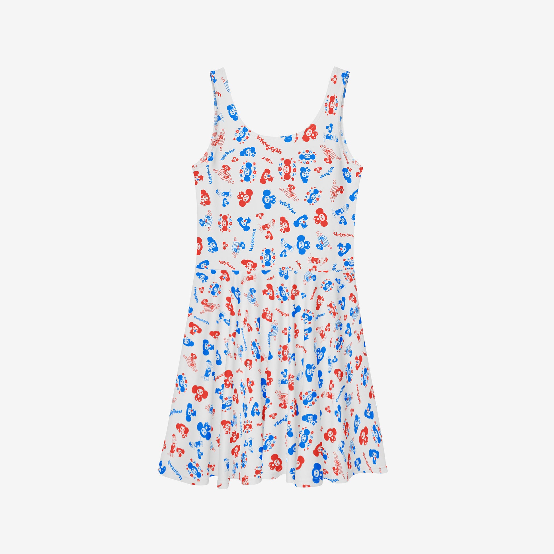 White skater all over print dress with original Soviet cartoon character Cheburashka. Back side.
